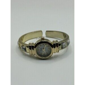 Vintage Geneva Quartz Cuff Watch Gold Tone Bangle Marble Inlay Bracelet Style